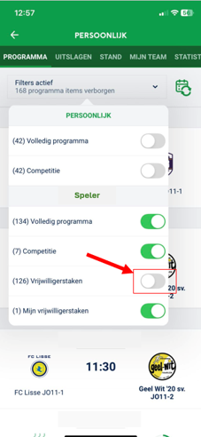Uitzetten taken in programma in Voetbal.nl